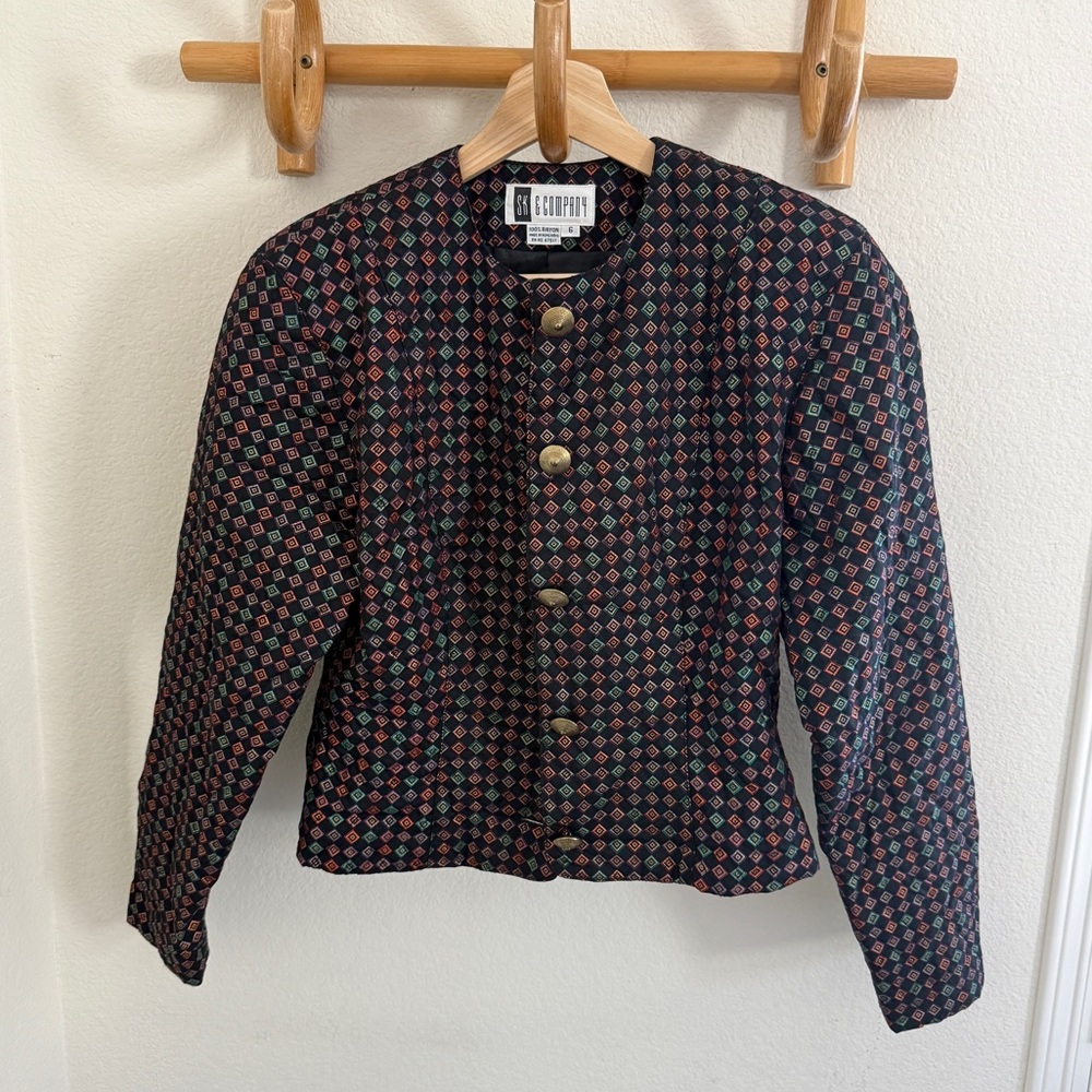 SK & company vintage 90s black multi coloured gold button up quilted jacket